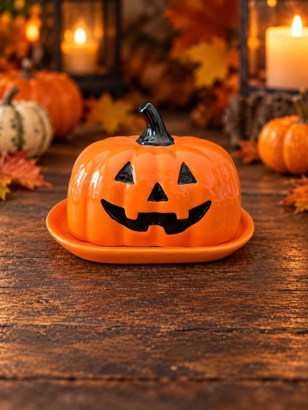 New Cute Ceramic Orange Pumpkin Smiling Holiday Table Kitchen Butter Dish